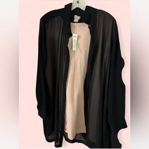 Sheer Black Button-Up Shirt with Pink Sweater